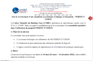 Opportunité de Carrière : Recrutement d’un Consultant en Assistance Technique et Formation (PERFECT-VISION)